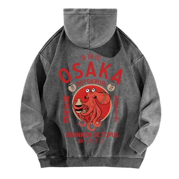 Osaka Dotonbori Drunken Octopus Vintage Washed Cotton Back Art Hoodie