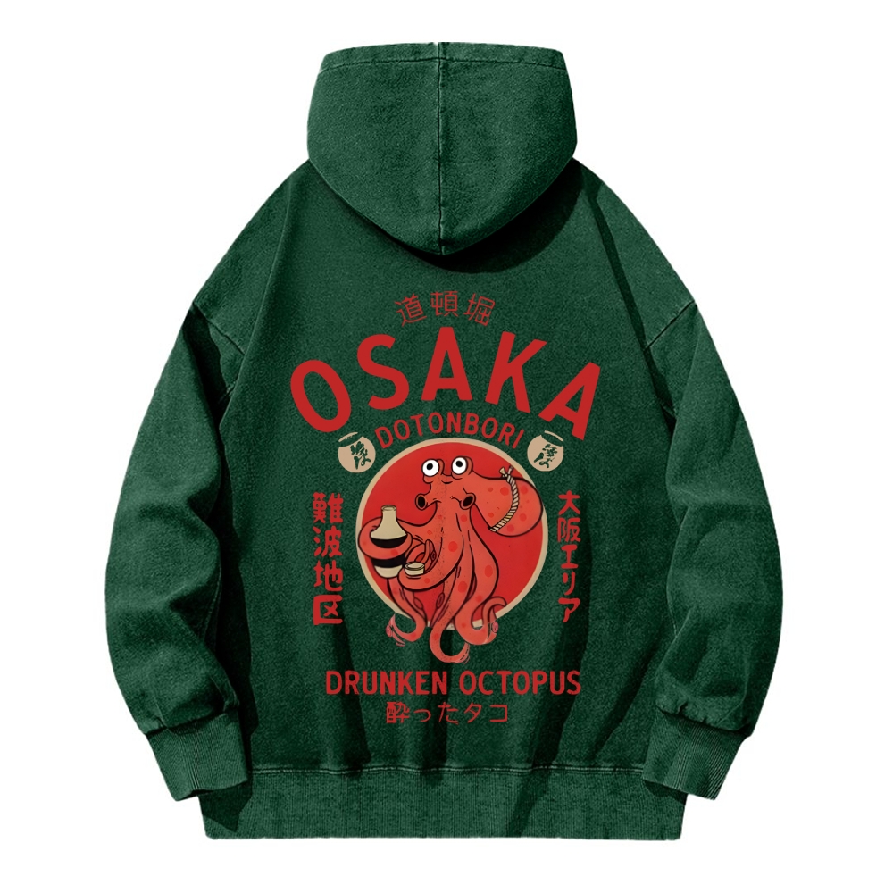 Osaka Dotonbori Drunken Octopus Vintage Washed Cotton Back Art Hoodie