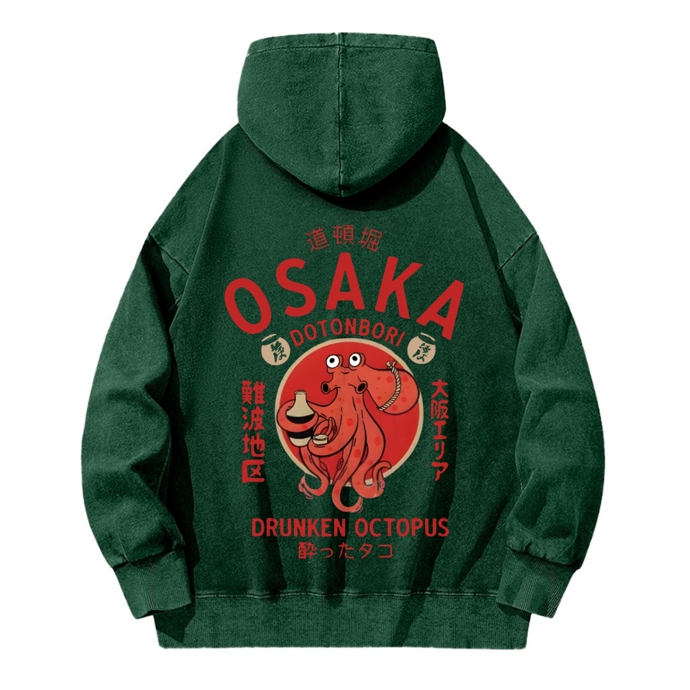 Osaka Dotonbori Drunken Octopus Vintage Washed Cotton Back Art Hoodie