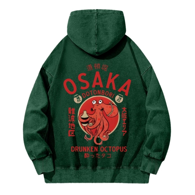Osaka Dotonbori Drunken Octopus Vintage Washed Cotton Back Art Hoodie
