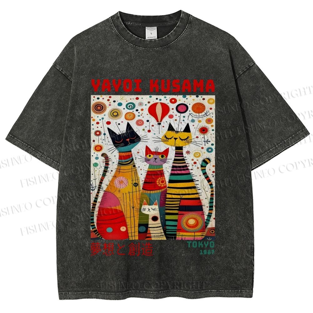 Unisex Yayoi Kusama Cats Dots Printed Washed Tee