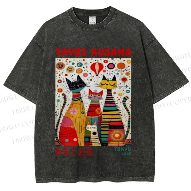 Unisex Yayoi Kusama Cats Dots Printed Washed Tee