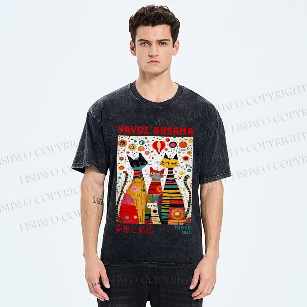 Unisex Yayoi Kusama Cats Dots Printed Washed Tee