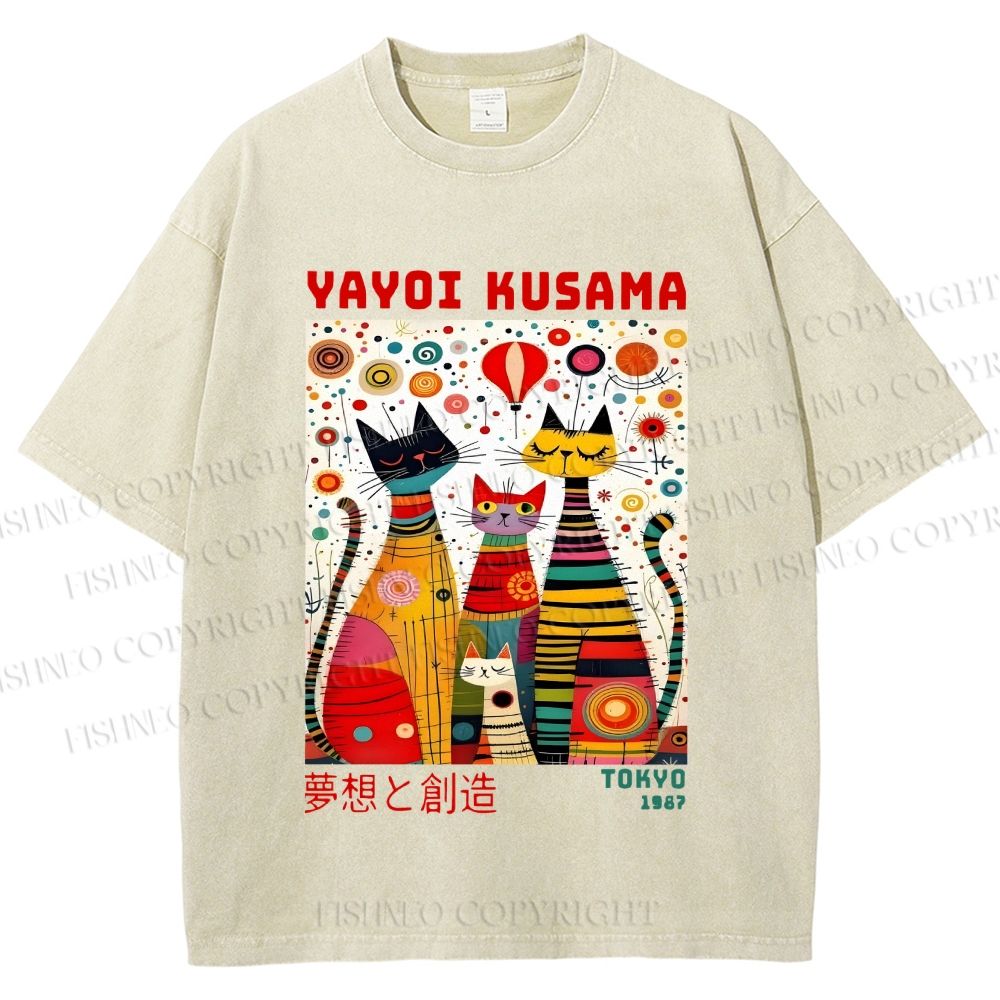 Unisex Yayoi Kusama Cats Dots Printed Washed Tee