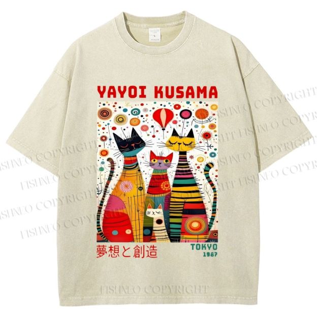 Unisex Yayoi Kusama Cats Dots Printed Washed Tee