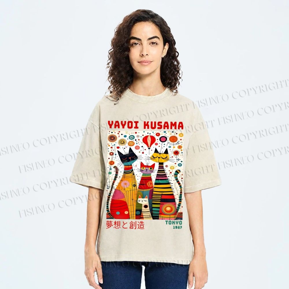 Unisex Yayoi Kusama Cats Dots Printed Washed Tee