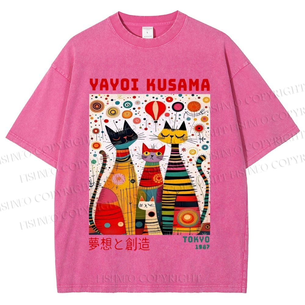 Unisex Yayoi Kusama Cats Dots Printed Washed Tee