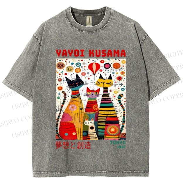 Unisex Yayoi Kusama Cats Dots Printed Washed Tee
