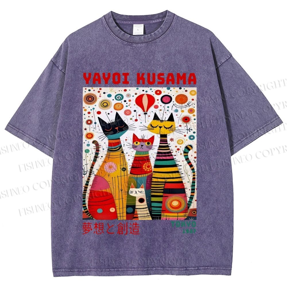 Unisex Yayoi Kusama Cats Dots Printed Washed Tee