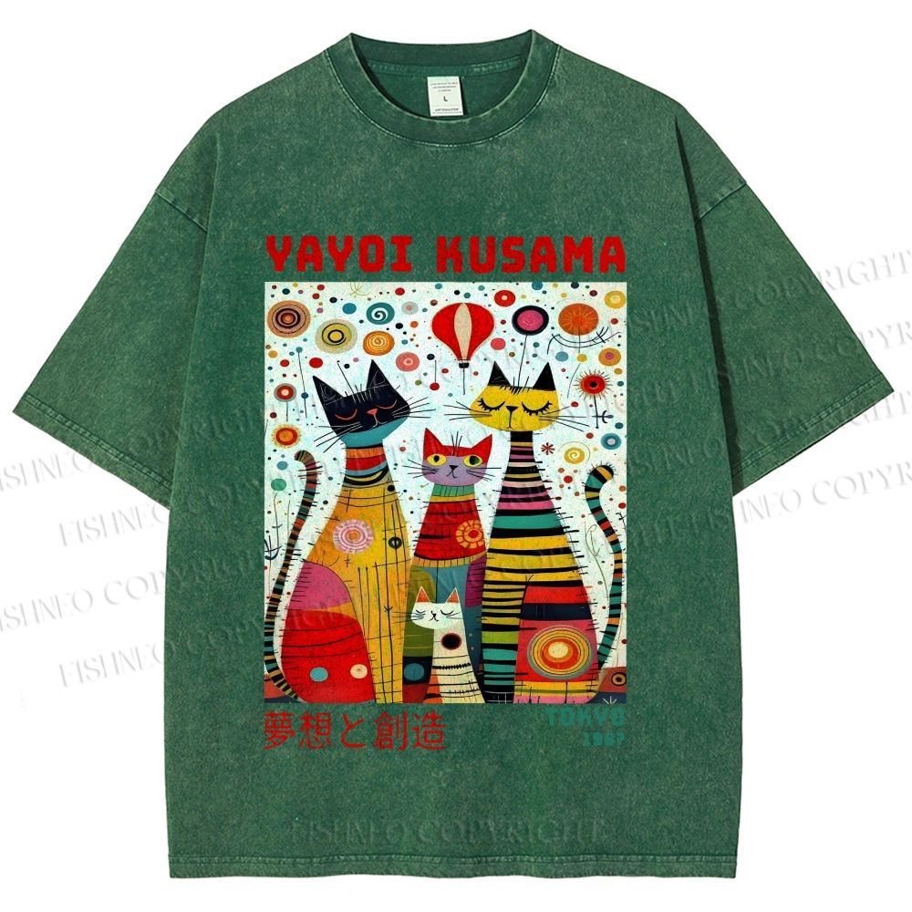 Unisex Yayoi Kusama Cats Dots Printed Washed Tee