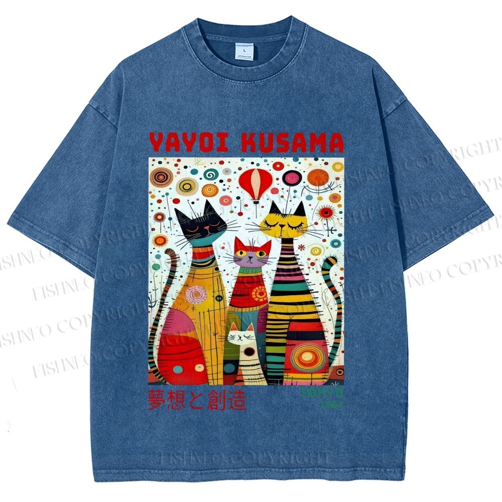 Unisex Yayoi Kusama Cats Dots Printed Washed Tee