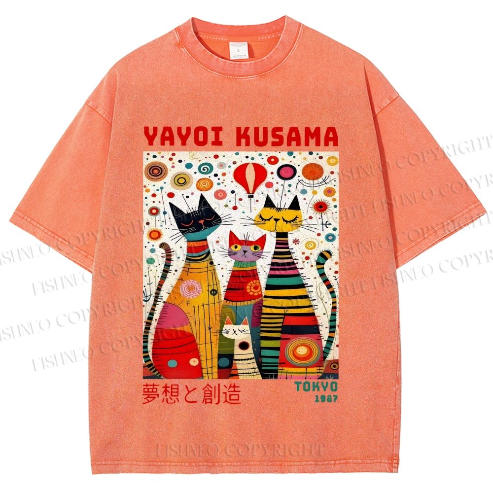 Unisex Yayoi Kusama Cats Dots Printed Washed Tee
