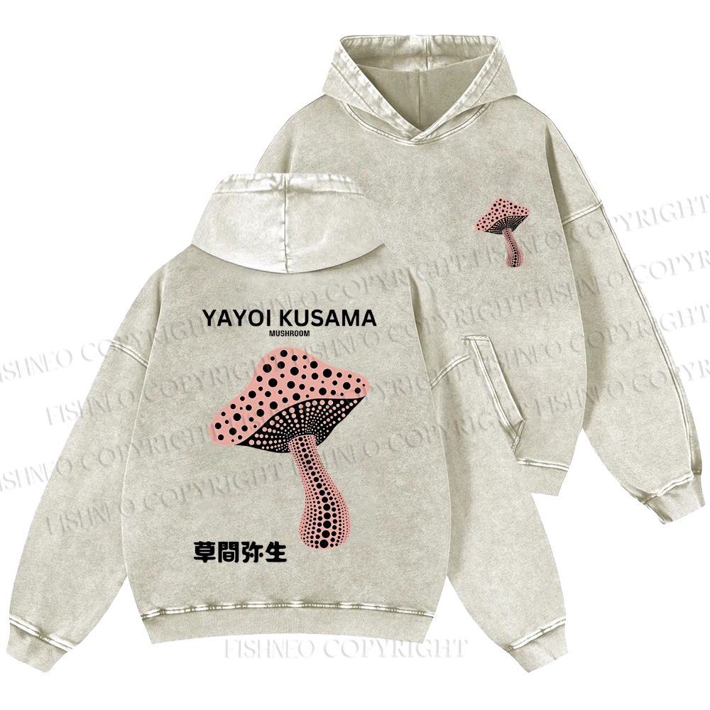 Unisex Casual Japanese Yayoi Kusama Mushroom Printed Washed Hoodie
