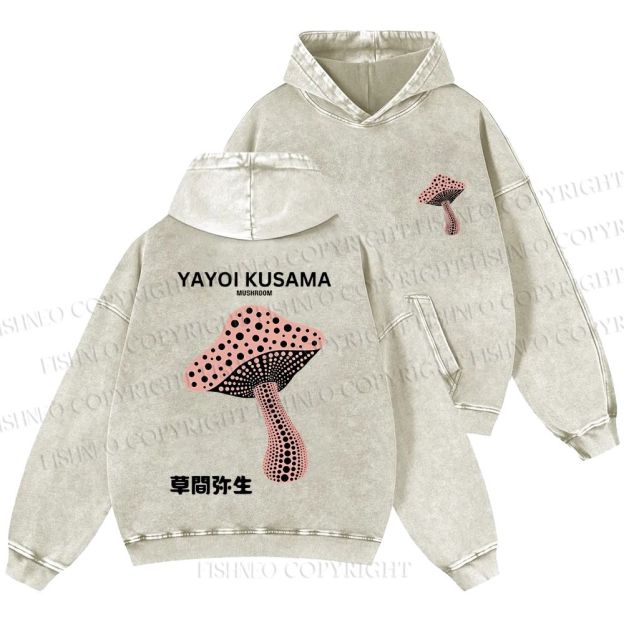 Unisex Casual Japanese Yayoi Kusama Mushroom Printed Washed Hoodie