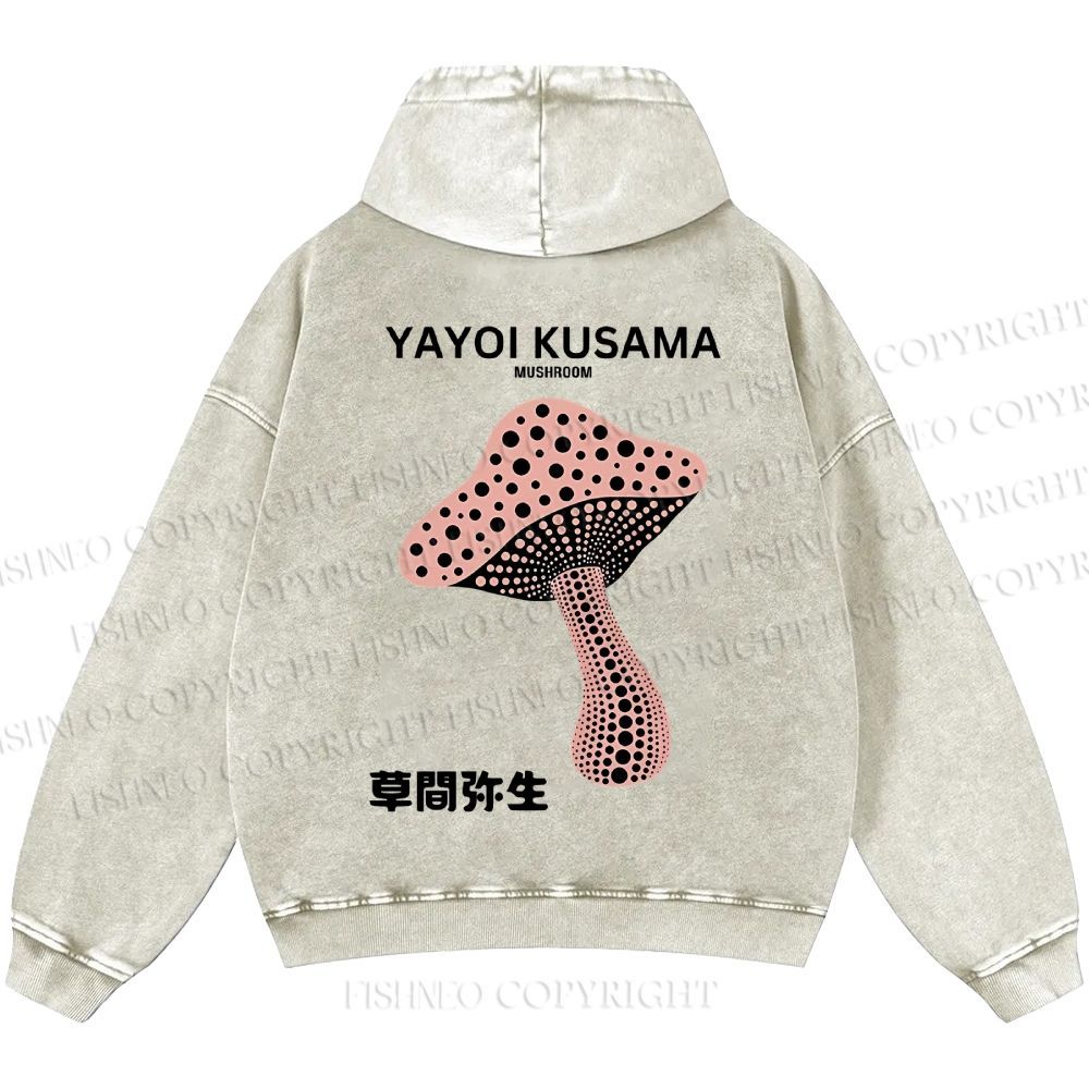 Unisex Casual Japanese Yayoi Kusama Mushroom Printed Washed Hoodie