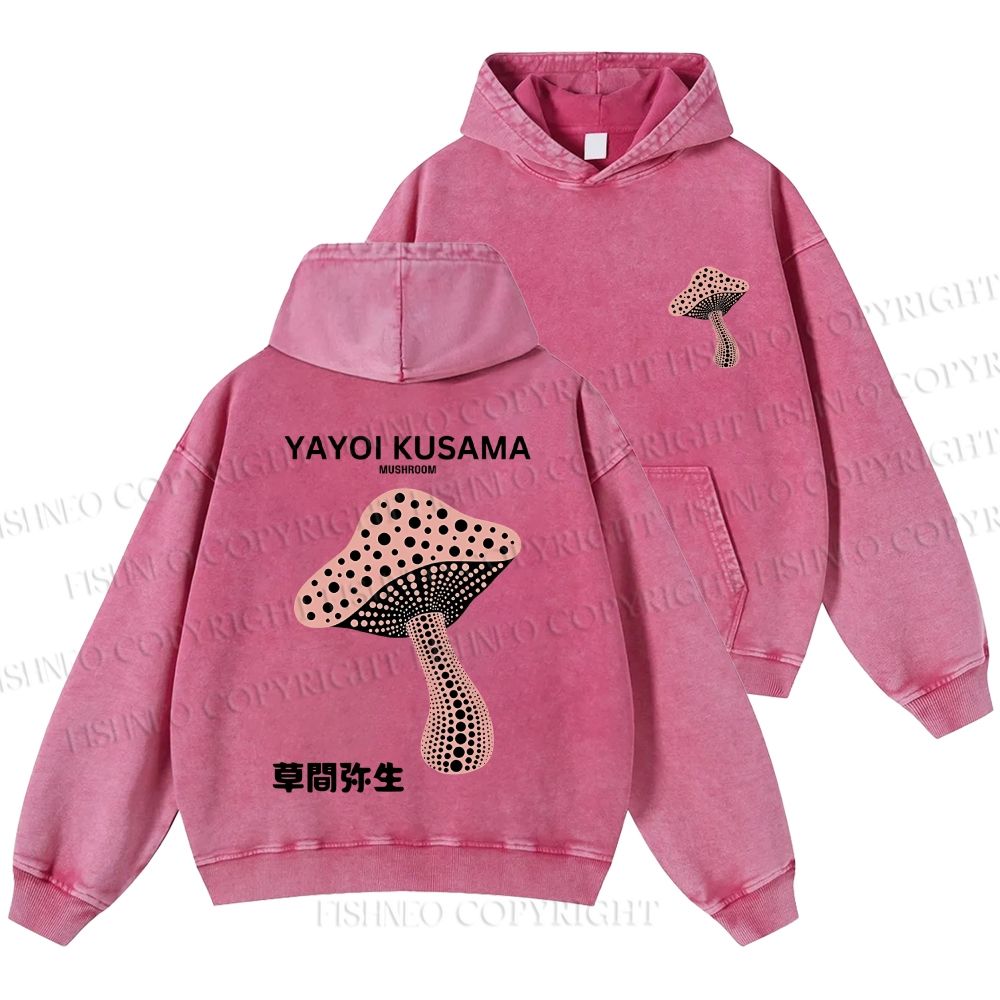 Unisex Casual Japanese Yayoi Kusama Mushroom Printed Washed Hoodie