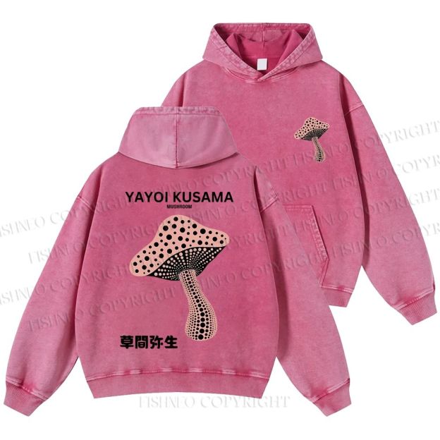 Unisex Casual Japanese Yayoi Kusama Mushroom Printed Washed Hoodie