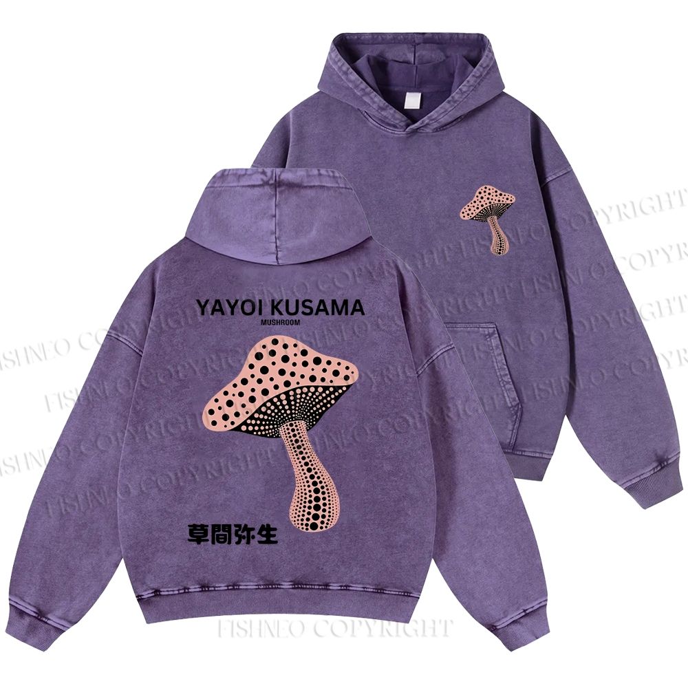 Unisex Casual Japanese Yayoi Kusama Mushroom Printed Washed Hoodie