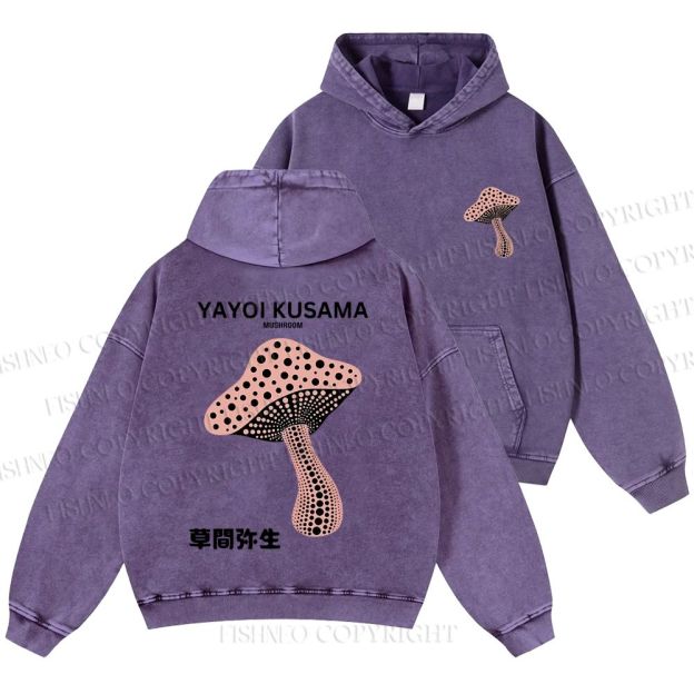 Unisex Casual Japanese Yayoi Kusama Mushroom Printed Washed Hoodie