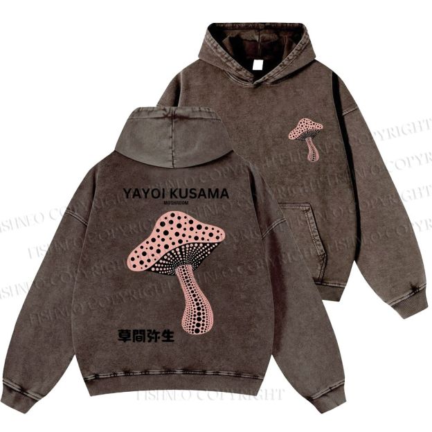 Unisex Casual Japanese Yayoi Kusama Mushroom Printed Washed Hoodie