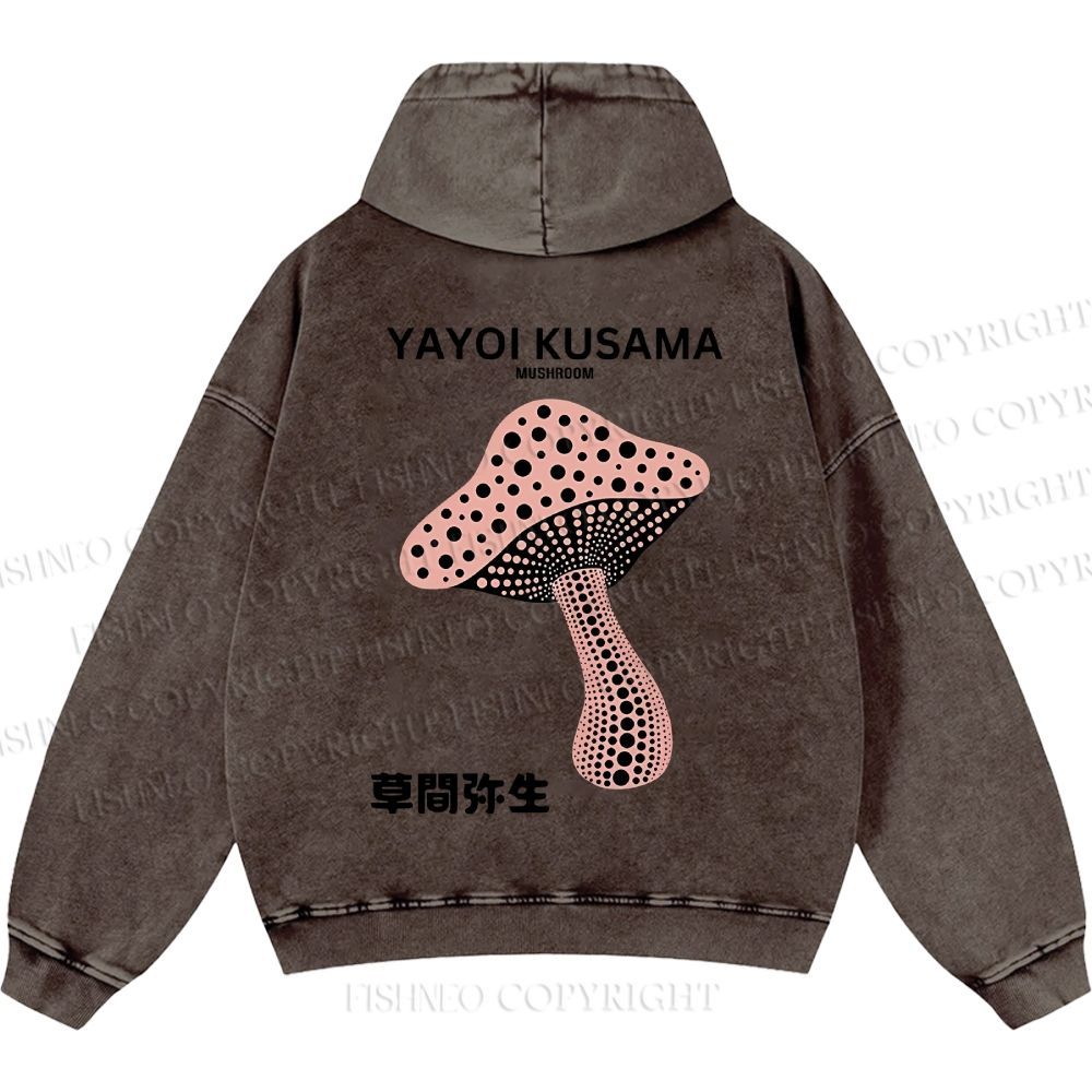 Unisex Casual Japanese Yayoi Kusama Mushroom Printed Washed Hoodie