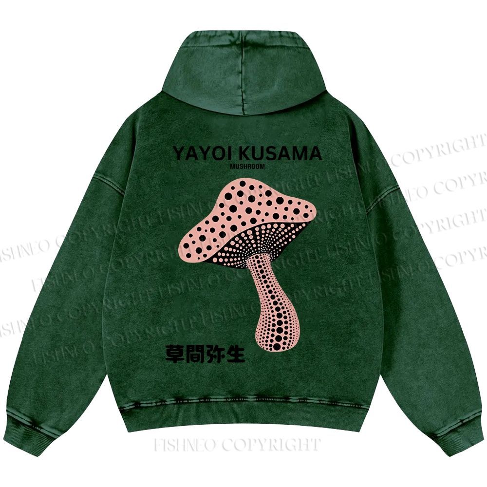 Unisex Casual Japanese Yayoi Kusama Mushroom Printed Washed Hoodie