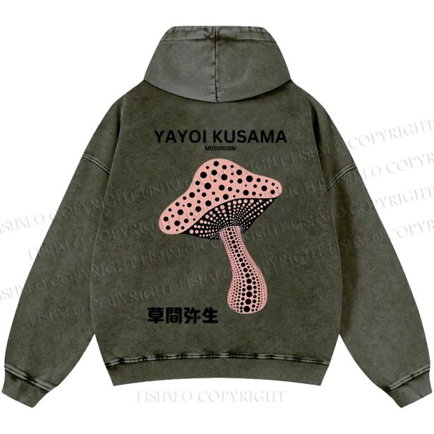 Unisex Casual Japanese Yayoi Kusama Mushroom Printed Washed Hoodie
