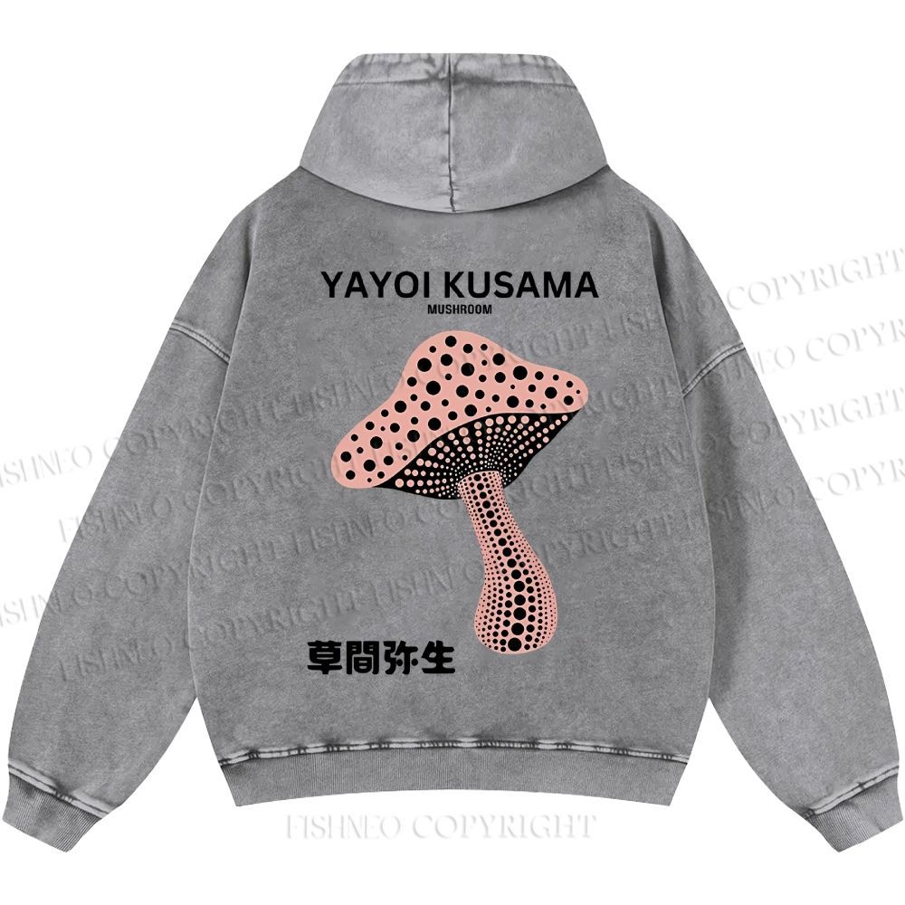 Unisex Casual Japanese Yayoi Kusama Mushroom Printed Washed Hoodie
