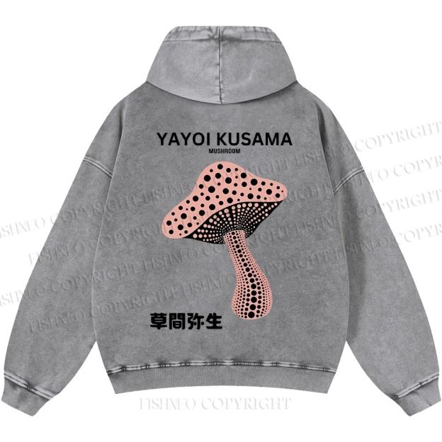 Unisex Casual Japanese Yayoi Kusama Mushroom Printed Washed Hoodie