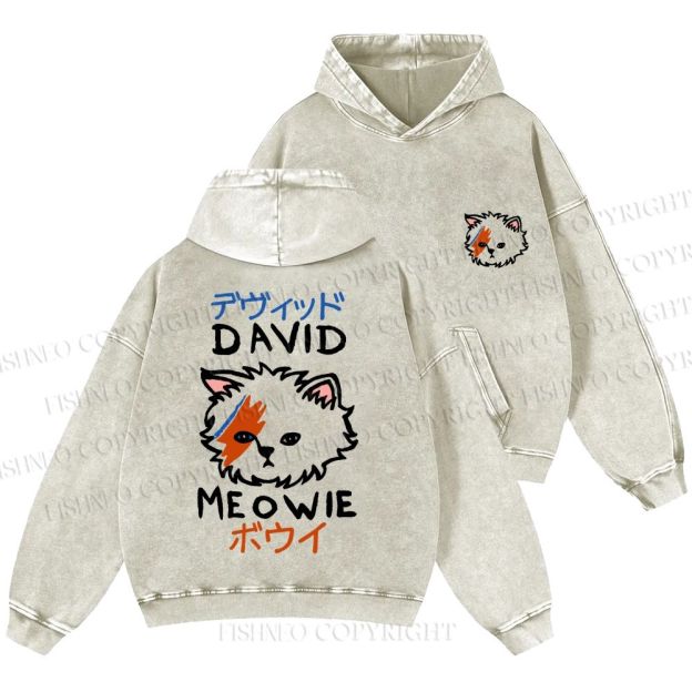 Unisex Casual David Bowie Cat Printed Washed Hoodie