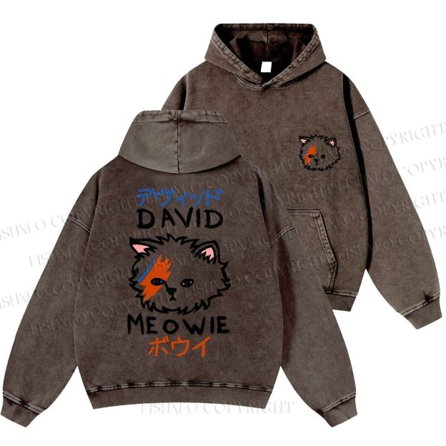 Unisex Casual David Bowie Cat Printed Washed Hoodie