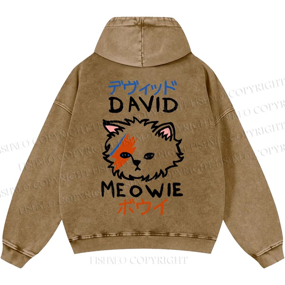 Unisex Casual David Bowie Cat Printed Washed Hoodie