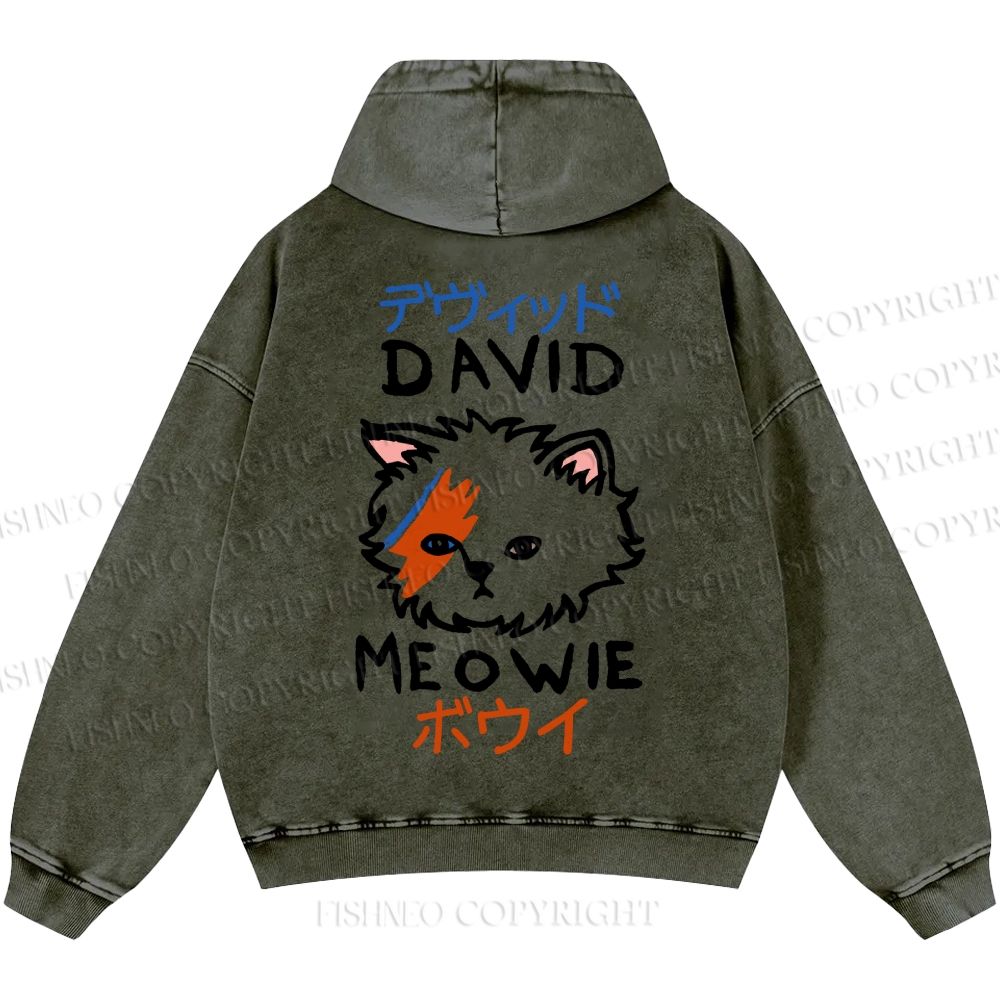 Unisex Casual David Bowie Cat Printed Washed Hoodie