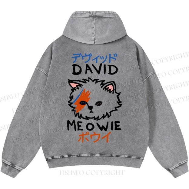Unisex Casual David Bowie Cat Printed Washed Hoodie