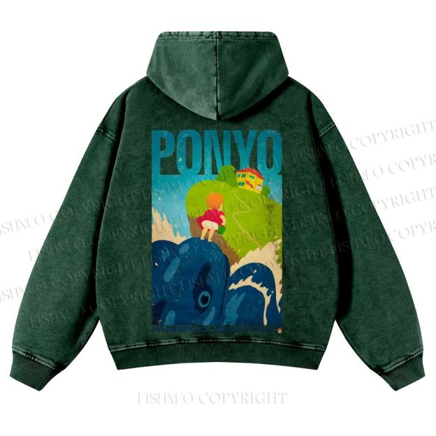 Casual Ponyo Printed Washed Hoodie