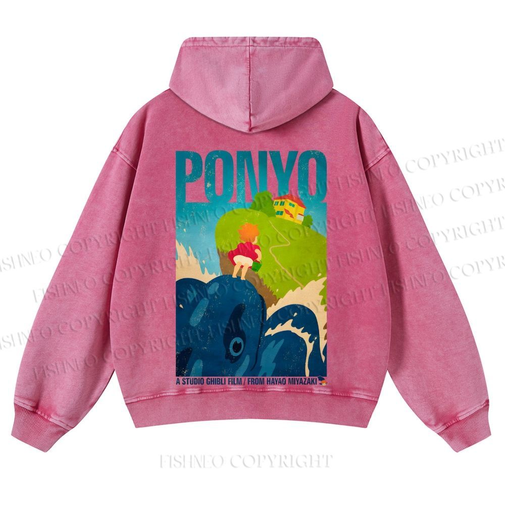 Casual Ponyo Printed Washed Hoodie