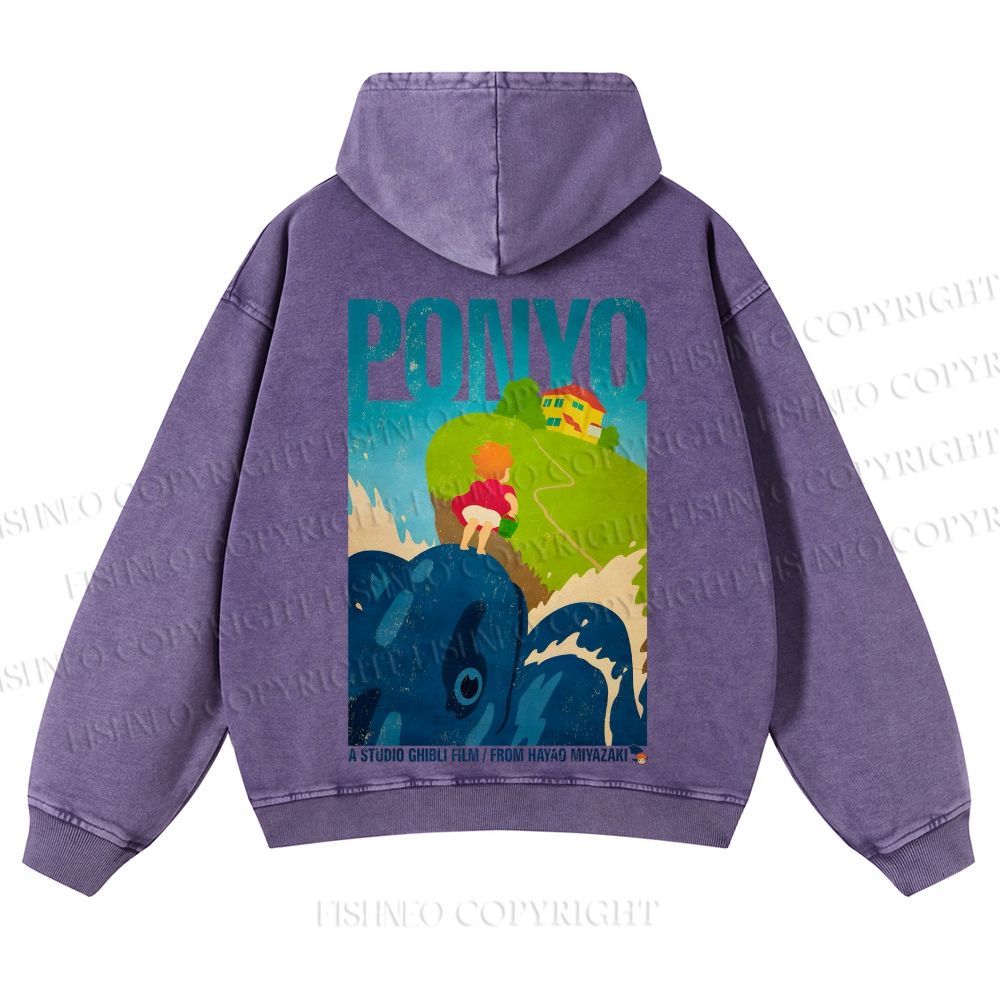 Casual Ponyo Printed Washed Hoodie