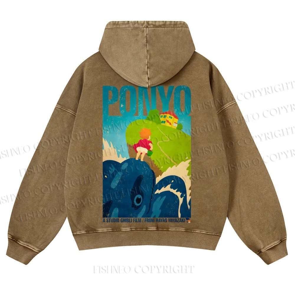 Casual Ponyo Printed Washed Hoodie