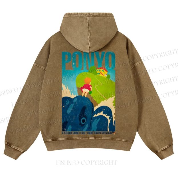 Casual Ponyo Printed Washed Hoodie