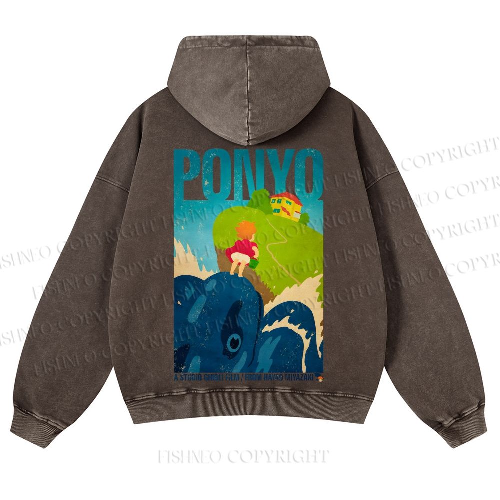 Casual Ponyo Printed Washed Hoodie