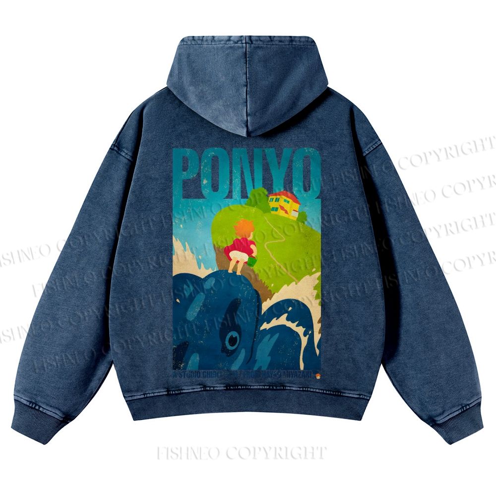 Casual Ponyo Printed Washed Hoodie