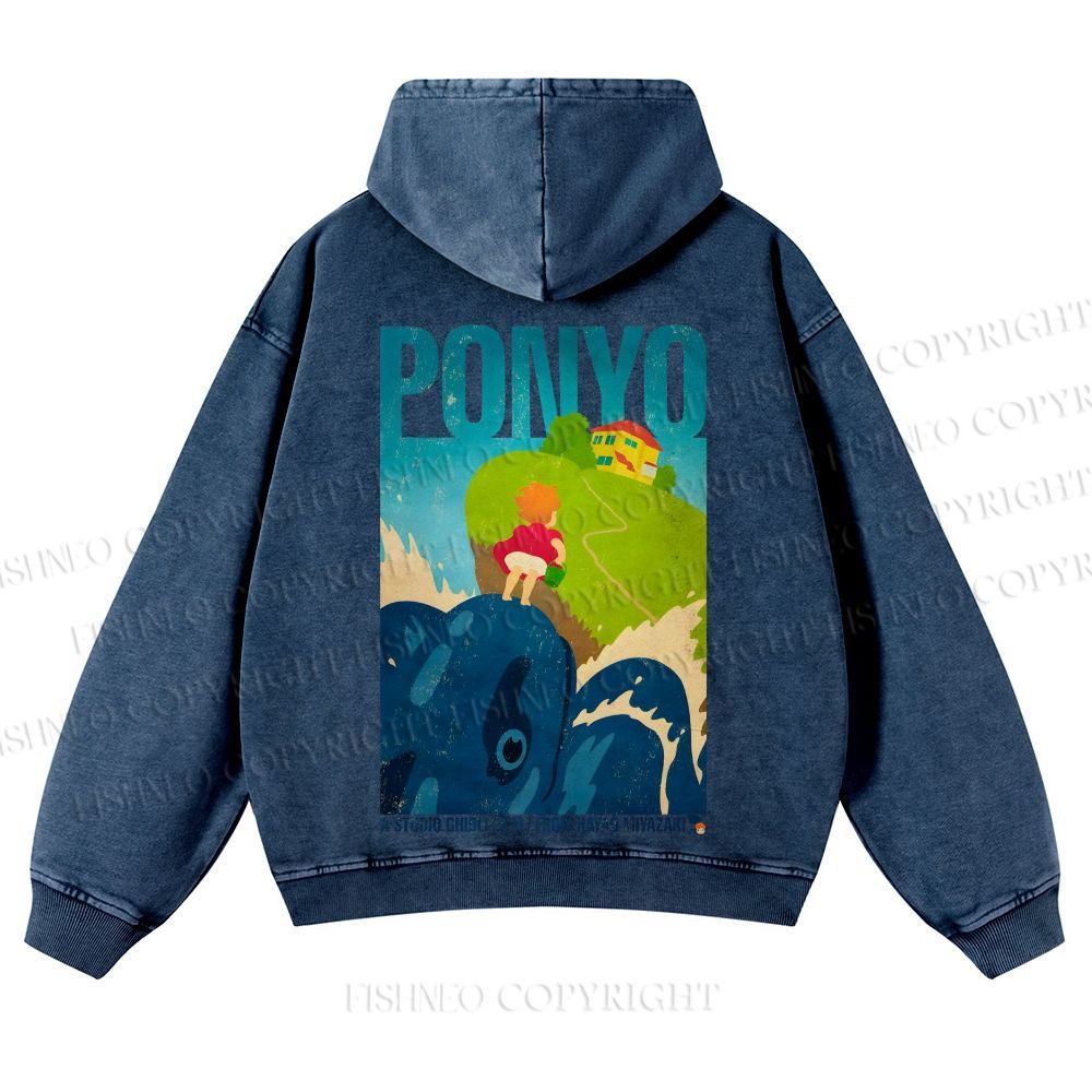 Casual Ponyo Printed Washed Hoodie