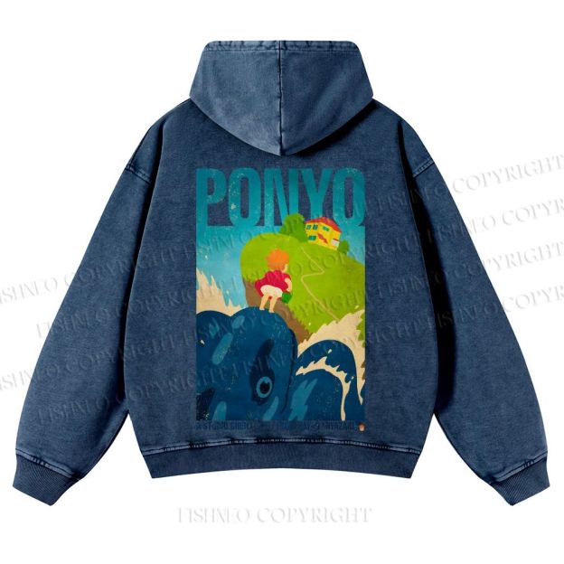 Casual Ponyo Printed Washed Hoodie