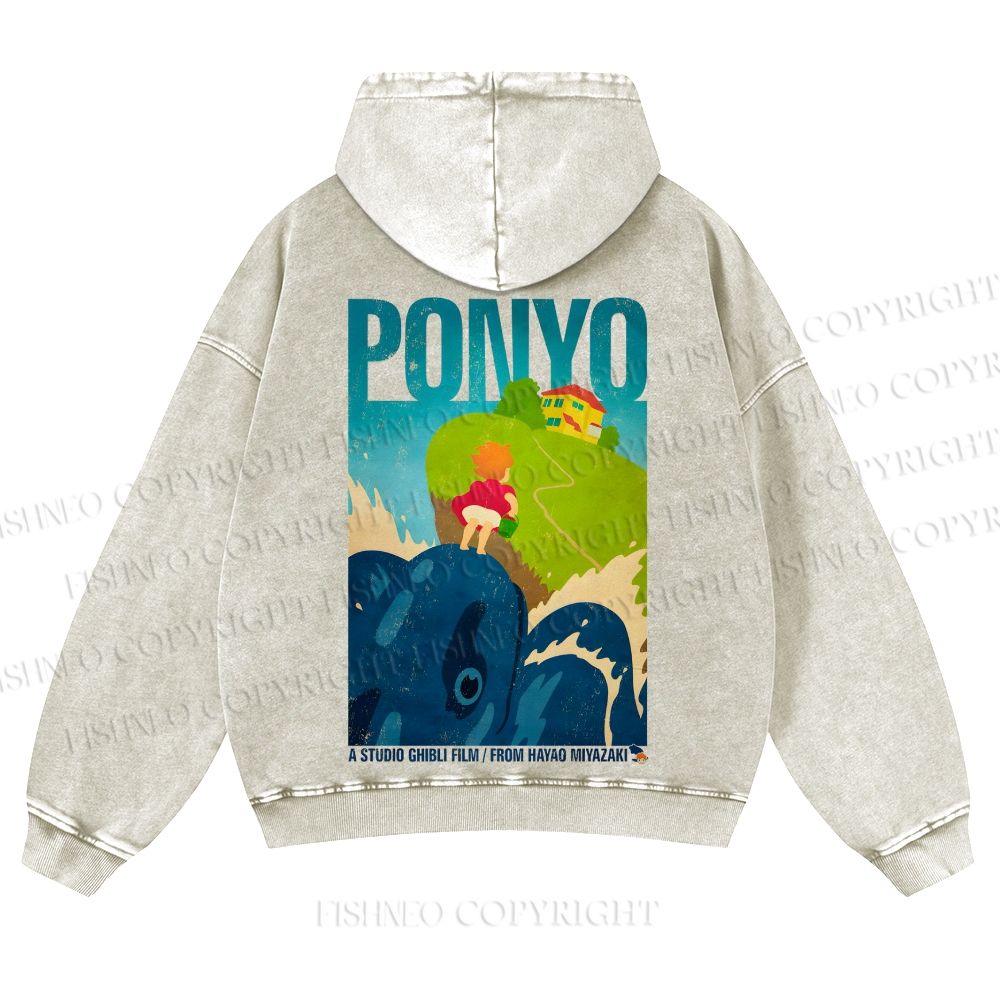 Casual Ponyo Printed Washed Hoodie