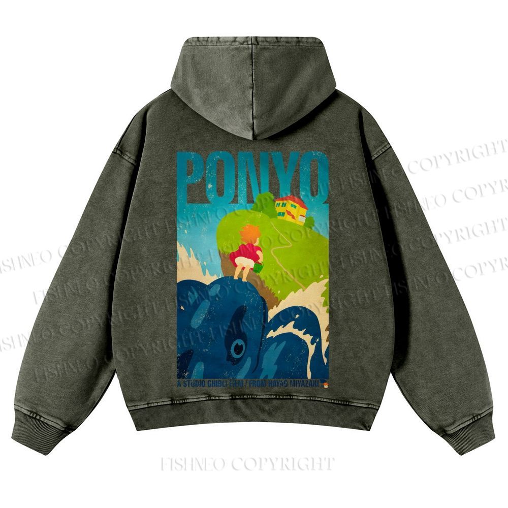 Casual Ponyo Printed Washed Hoodie