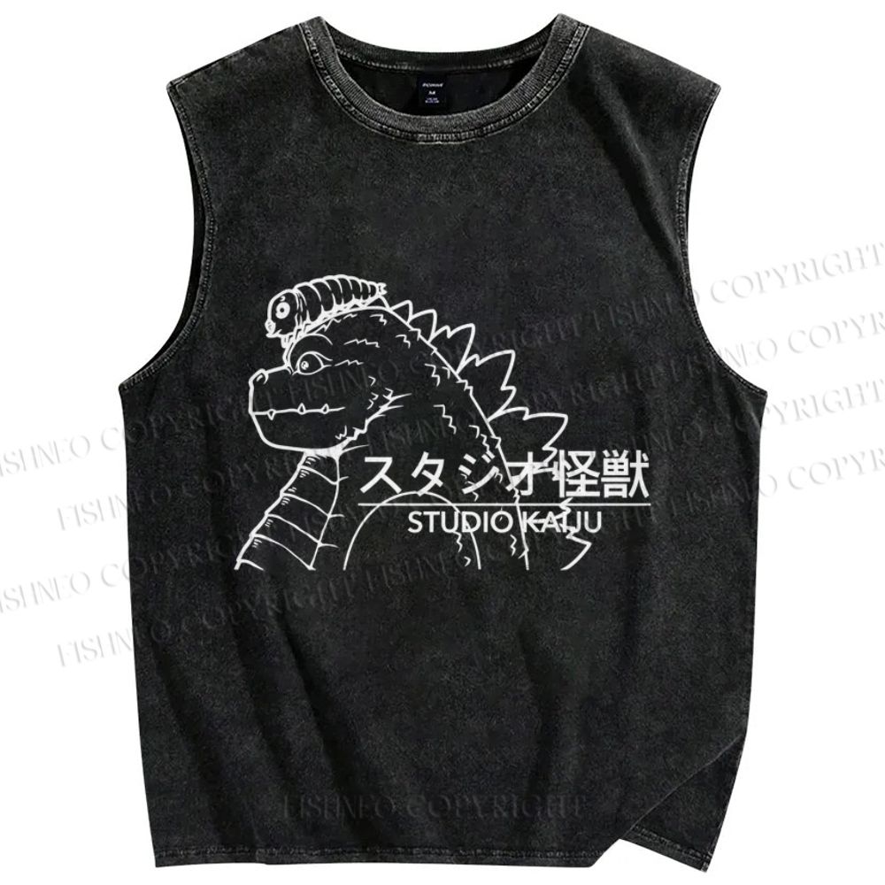 Unisex Godzilla Graffiti Printed Washed Tank Top