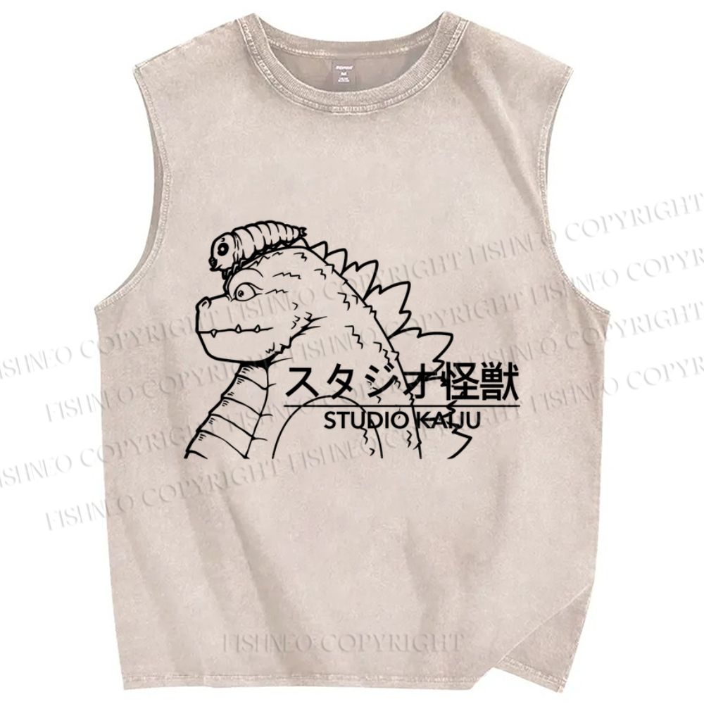 Unisex Godzilla Graffiti Printed Washed Tank Top