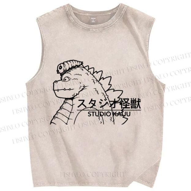 Unisex Godzilla Graffiti Printed Washed Tank Top