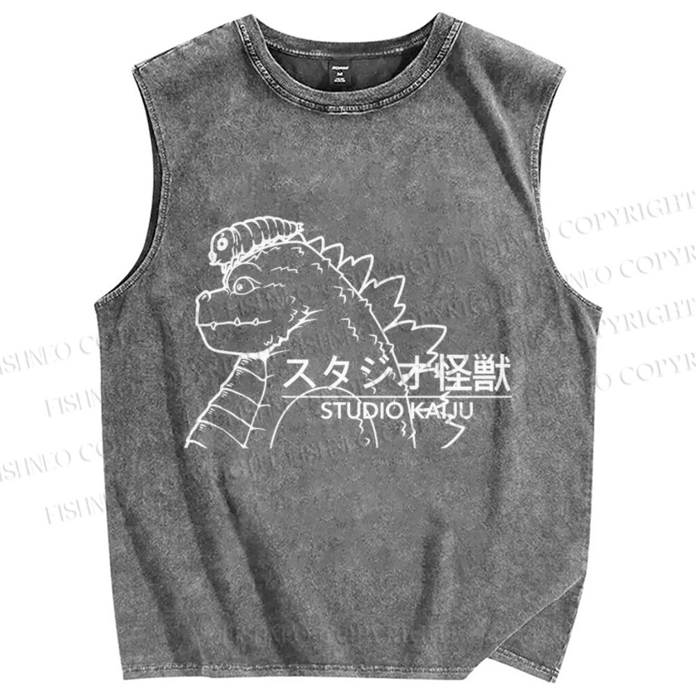 Unisex Godzilla Graffiti Printed Washed Tank Top