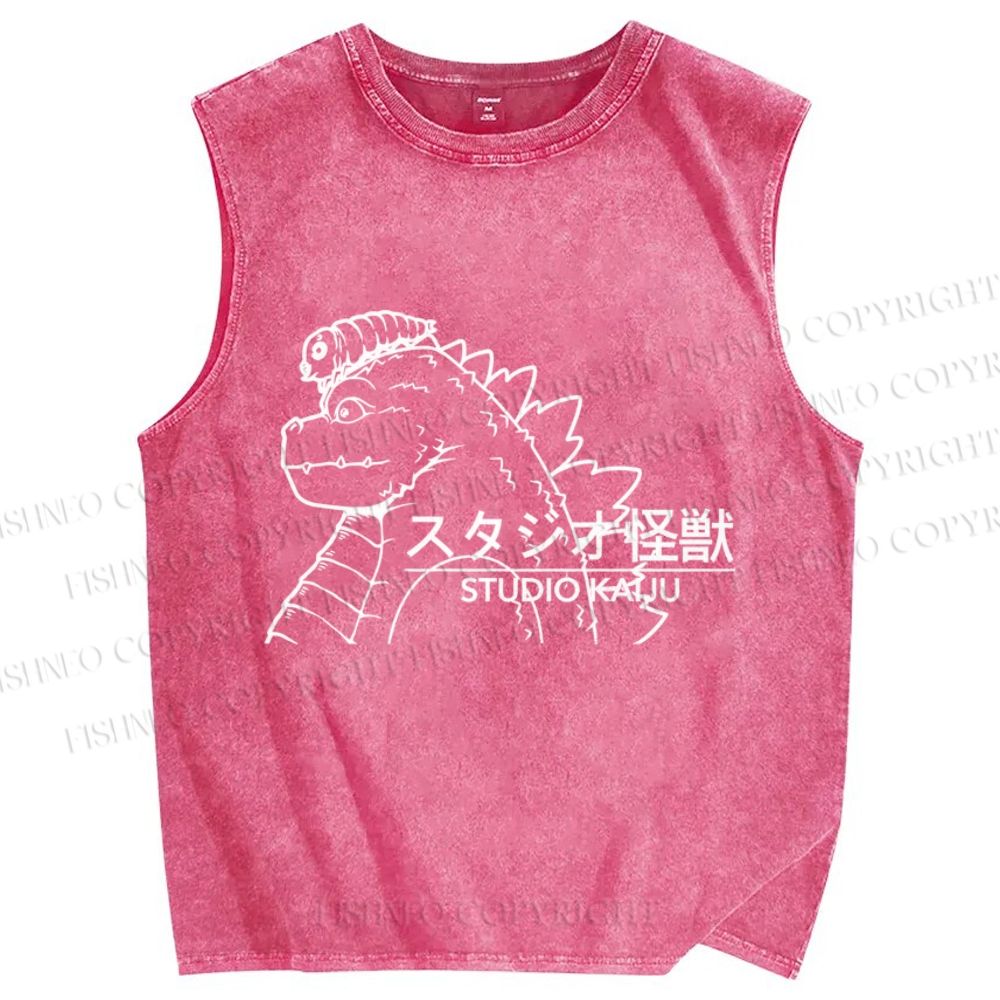 Unisex Godzilla Graffiti Printed Washed Tank Top